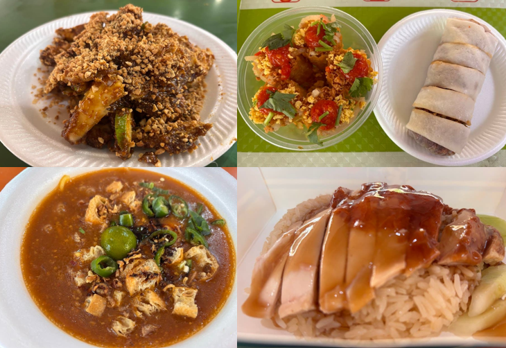 Hawker dishes at Maxwell Food Centre Singapore including chicken rice, popiah, kueh pie ti, mee rebus and rojak