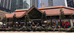 Lau Pa Sat hawker centre in Singapore, showing the historic Victorian cast-iron architecture.