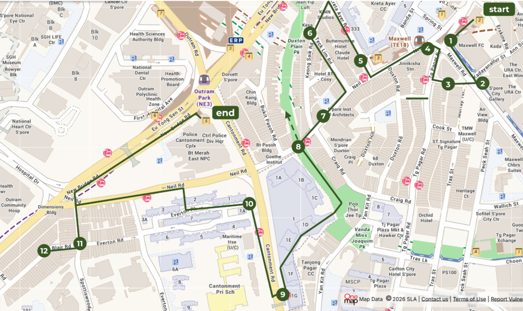 Tanjong Pagar walking trail map showing 12-stop route from Maxwell Road to Outram Park MRT Singapore