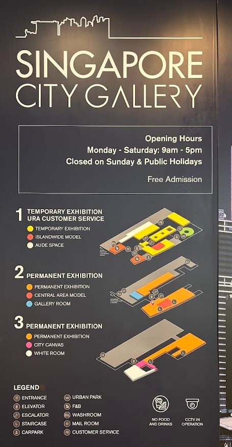 Singapore City Gallery visitor information board with opening hours and floor directory