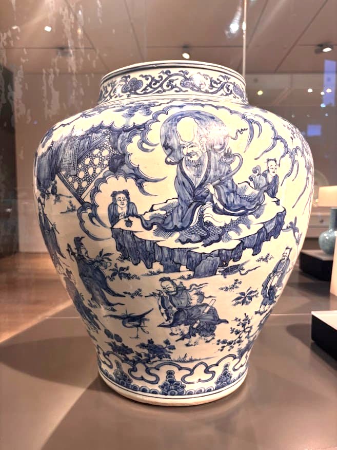 A large Ming dynasty blue-and-white porcelain jar decorated with Daoist immortals paying respects to Shoulao, the Chinese god of Longevity, on display at the Asian Civilisations Museum Singapore.