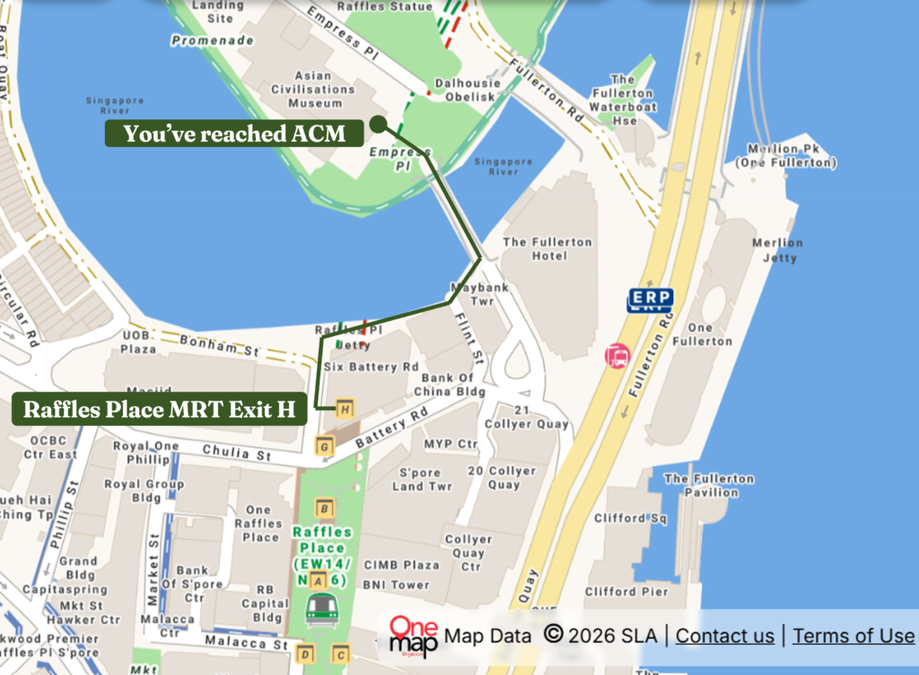A map showing the short walking route from Raffles Place MRT Exit H, past Six Battery Road and across Cavenagh Bridge, to the Asian Civilisations Museum (ACM) in Singapore.
